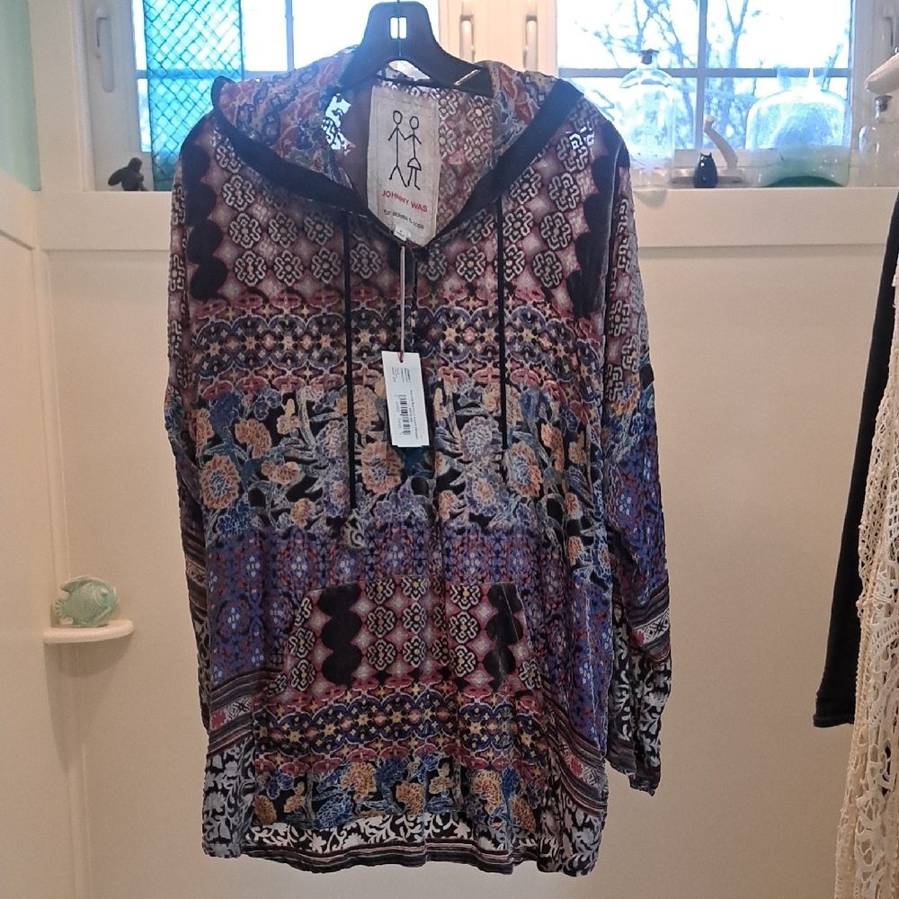 Johnny Was Karma Burnout Aztec Pullover silk/Velvet Hoodie Oversized NWT   Small